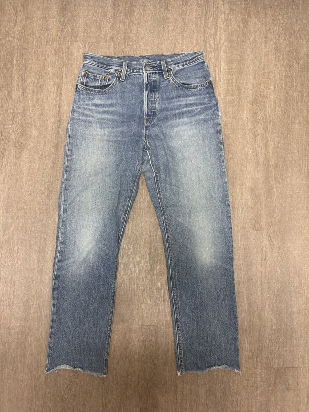 Levi's Premium 501 Straight Leg Button Fly Jeans Light Wash Raw Hem W28 L32